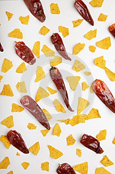 corn chips nachos with sauce and chili isolated on white background,