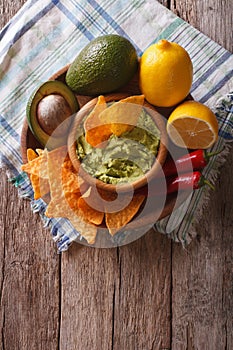 Corn chips, sauce guacamole and ingredients. vertical top view