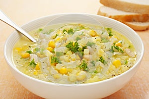 Corn Chowder Soup with Potatoes and Green Capsicum