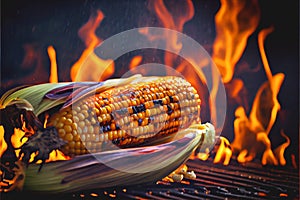 Corn on the cob cooking on a fiery BBQ grill