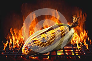 Corn on the cob cooking on a fiery BBQ grill