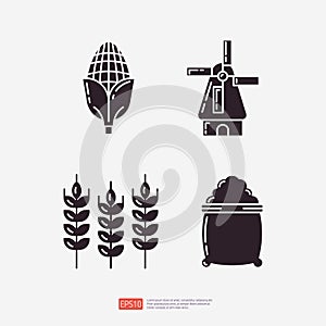 Corn cob, Dutch farm windmill, wheat ears, bag of wheat. Agriculture and farming glyph icon set. Vector Illustration