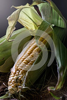 Corn cob between green leaves