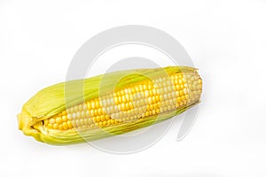 Corn cob with green leaves isolated on white background