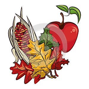 Corn cob vegetable and apple with leafs thanksgiving