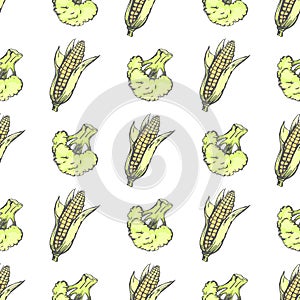 Corn Cobs and Broccoli on White Wrapping Paper photo
