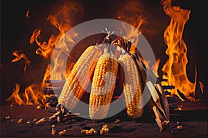 Corn on the cobs cooking on a fiery BBQ grill cob