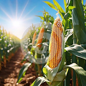 Corn cobs on a corn plantation field, in the bright rays of the sun, absolute reality, highly rendered