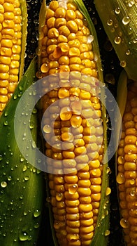 Corn Cobs on Dark Background with Water Drops.