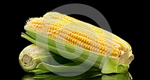 Corn cobs isolated on black background. Fresh raw organic sweetcorn closeup. Hot corn on the cob