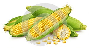 Corn cobs with vivid yellow kernels and fresh green husks are arranged against a