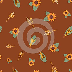 Corn, crop and sunflowers on brown background seamless repeating vector pattern. Autumn, fall, harvesting. For