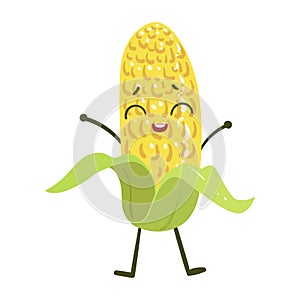 Corn Cute Anime Humanized Smiling Cartoon Vegetable Food Character Emoji Vector Illustration