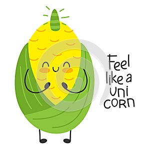 Corn cute cartoon funny character unicorn.Happy and smiling. Fell like a unicorn