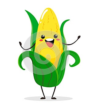 Corn. Cute funny corn in cartoon kawai  style. Vector isolate on white background