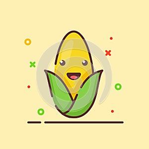 Corn cute mascot face emotion happy fruit with color flat cartoon outline style