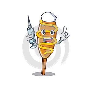 A corn dog hospitable Nurse character with a syringe