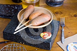 Corn dog on a table, ketchup, mustard, Still Life home, sausage, breaded, yummy, delicious