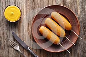 Corn dog traditional American corndog street junk food deep fried hotdog meat sausage snack