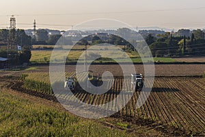 Corn field being harvested by a harvester