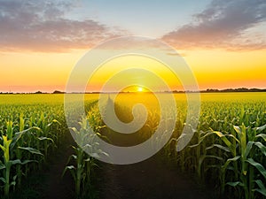 Corn field, blue sky with sunset or sunlight. agriculture farming concept