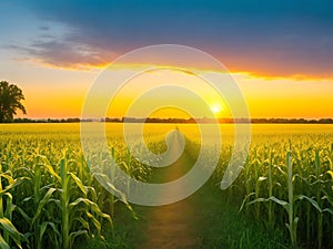 Corn field, blue sky with sunset or sunlight. agriculture farming concept