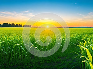 Corn field, blue sky with sunset or sunlight. agriculture farming concept