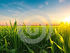 Corn field, blue sky with sunset or sunlight. agriculture farming concept
