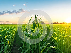 Corn field, blue sky with sunset or sunlight. agriculture farming concept