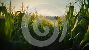 Corn field close up. Green Maize Corn Field Plantation in Summer Agricultural Season. Generative AI