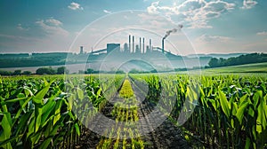 A corn field with smokestacks in the background