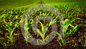 Corn field with young plants and dark fertile soil