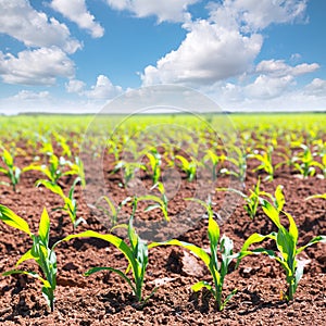 Corn fields sprouts in rows in California agriculture