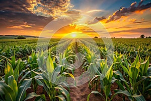 Corn fields at sunset. Landscape of rows of corn at sunset