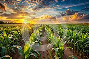 Corn fields at sunset. Landscape of rows of corn at sunset