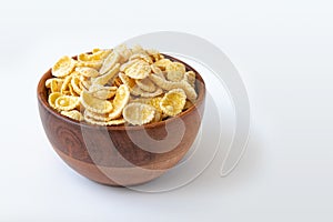 Corn flake in bowl on white background, healthy breakfast concept