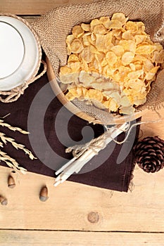 Corn flake and milk in glass