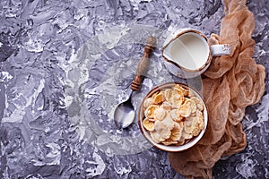 Corn flake and milk . Healthy breakfast