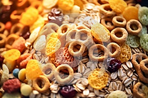 Corn flake and whole grains cereals. Close-up photography, muesli background or wallpaper. Generative AI