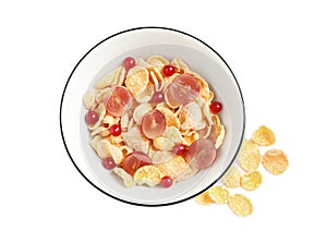 Corn flakes with berries on white background. Healthy breakfast