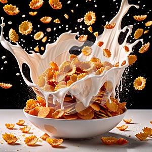 Corn flakes breakfast cereal with fresh milk, dynamic splash food photography