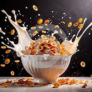 Corn flakes breakfast cereal with fresh milk, dynamic splash food photography