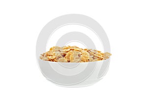 Corn flakes breakfast cereal in a white bowl over white background isolated