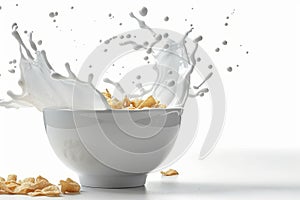 Corn flakes with fresh milk splash in white bowl - nutrition concept for breakfast meal