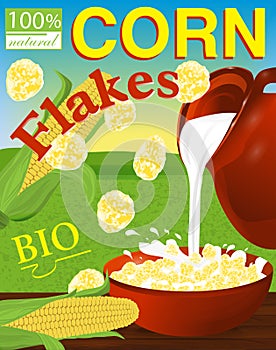 Corn flakes label. Milk pouring from the jug a plate. Background