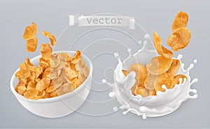 Corn flakes and milk splashes. 3d vector icon set photo