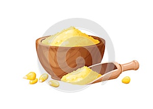 Corn flour in wooden bowl with seeds. Healthy gluten free food. Powde in organic product. Vector illustration isolated