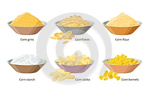 Corn food, products made from maize, corn grits, cornflakes, flour, starch, corn sticks, kernels in bowls - set of