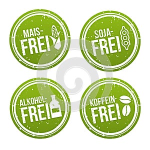 Corn free, soy free, alcohol free and coffeine free stamp - Maisfrei, Sojafrei, Alkoholfrei und Koffeinfrei Stempel.