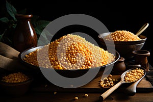 Corn grains with ears on the wooden spoon and plate on the wooden table, f